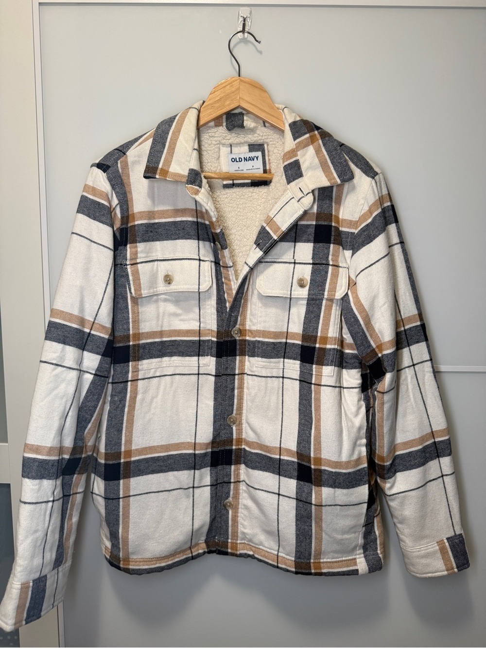 Old Navy Cream Plaid Sherpa-Lined Jacket